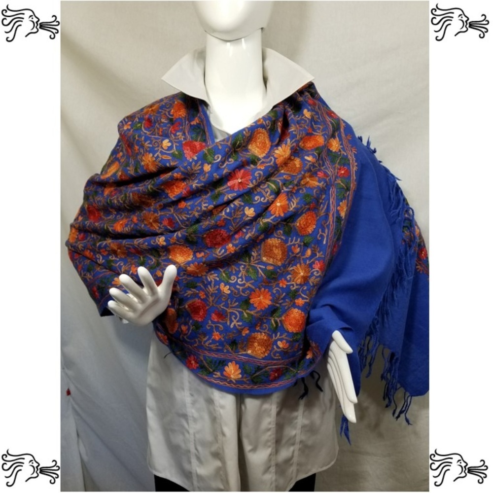 Royal Embroidered Kashmir 100% Wool Scarf & Poncho